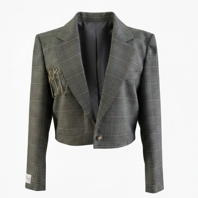 Cropped grey checkered blazer