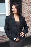 Black pinstripe blazer with buckles