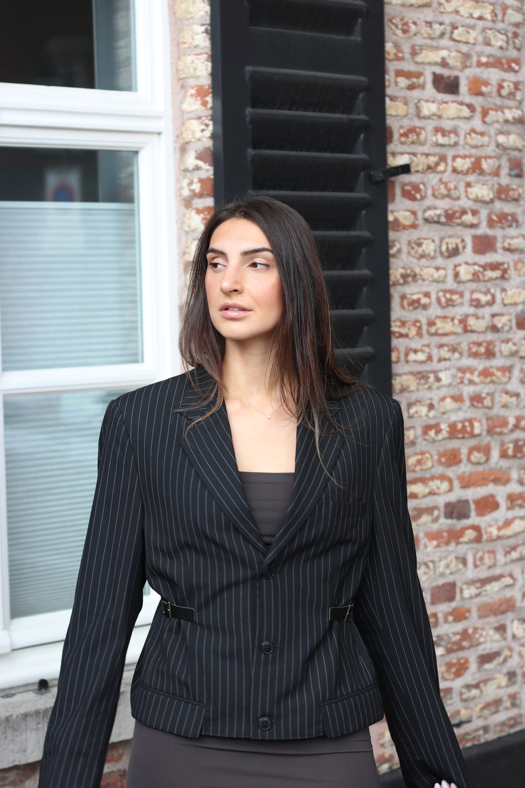 Black pinstripe blazer with buckles