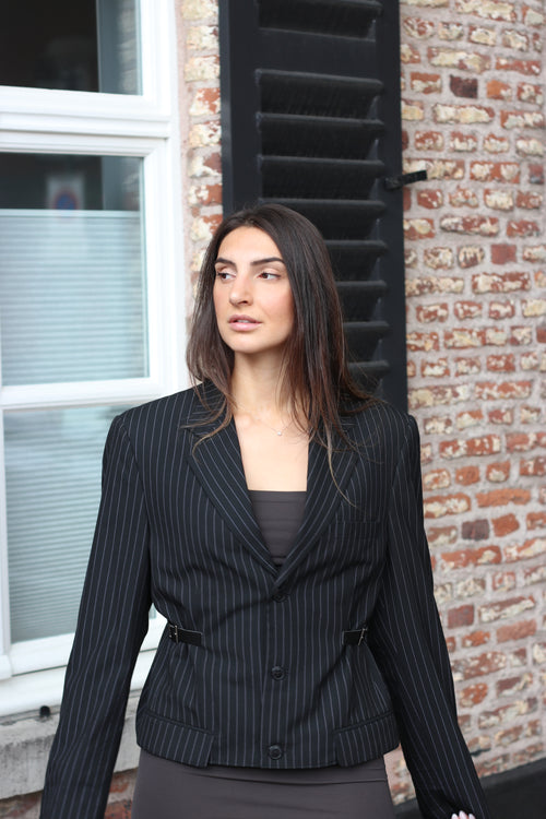 Black pinstripe blazer with buckles