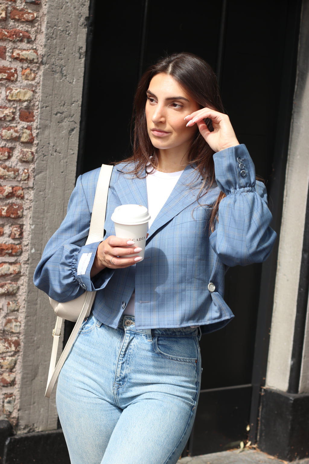 Cropped blue checkered blazer