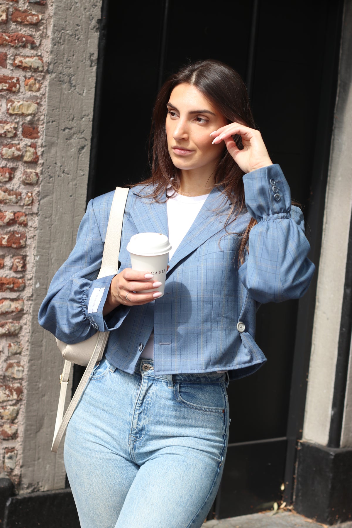 Cropped blue checkered blazer