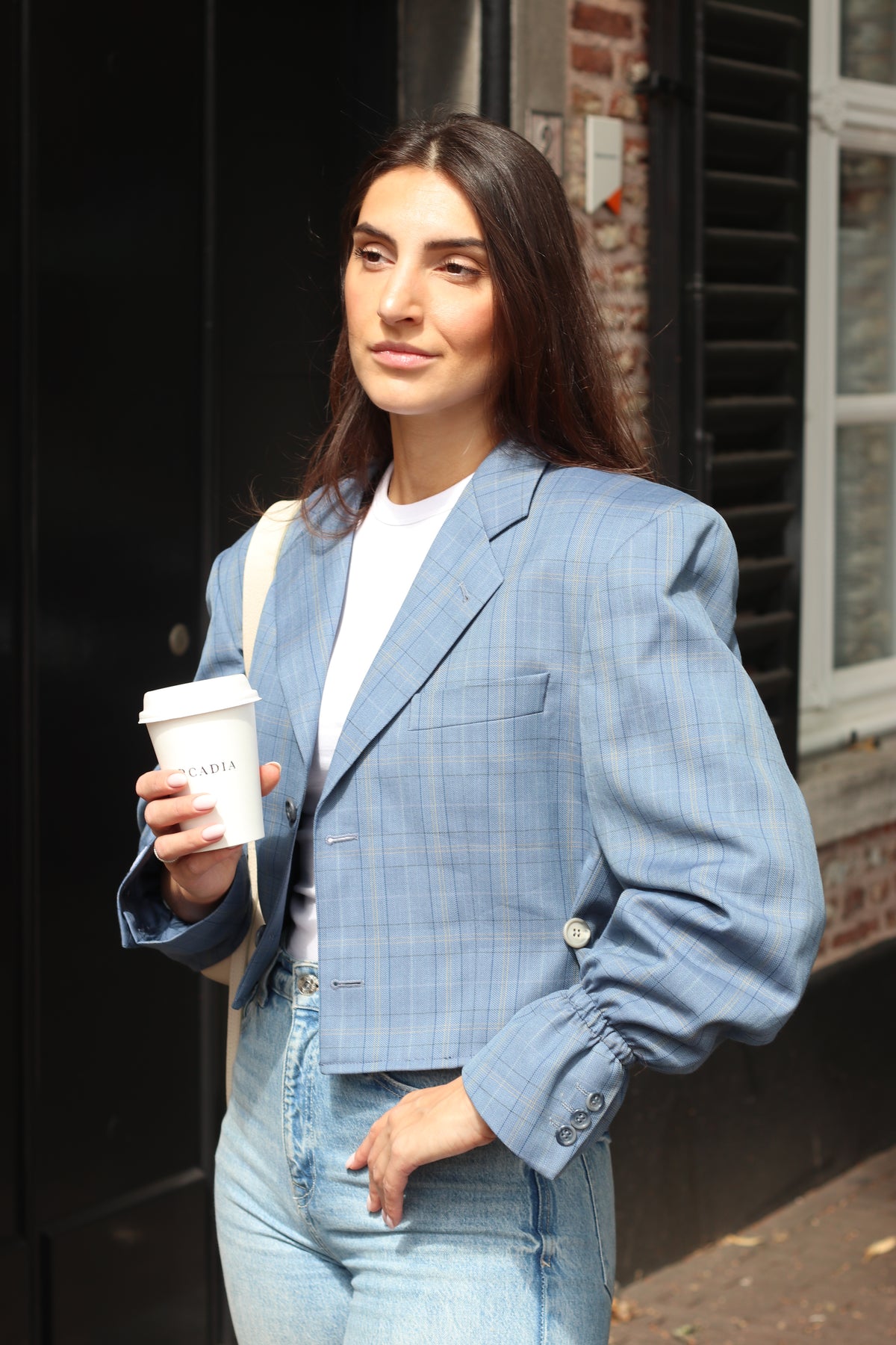 Cropped blue checkered blazer