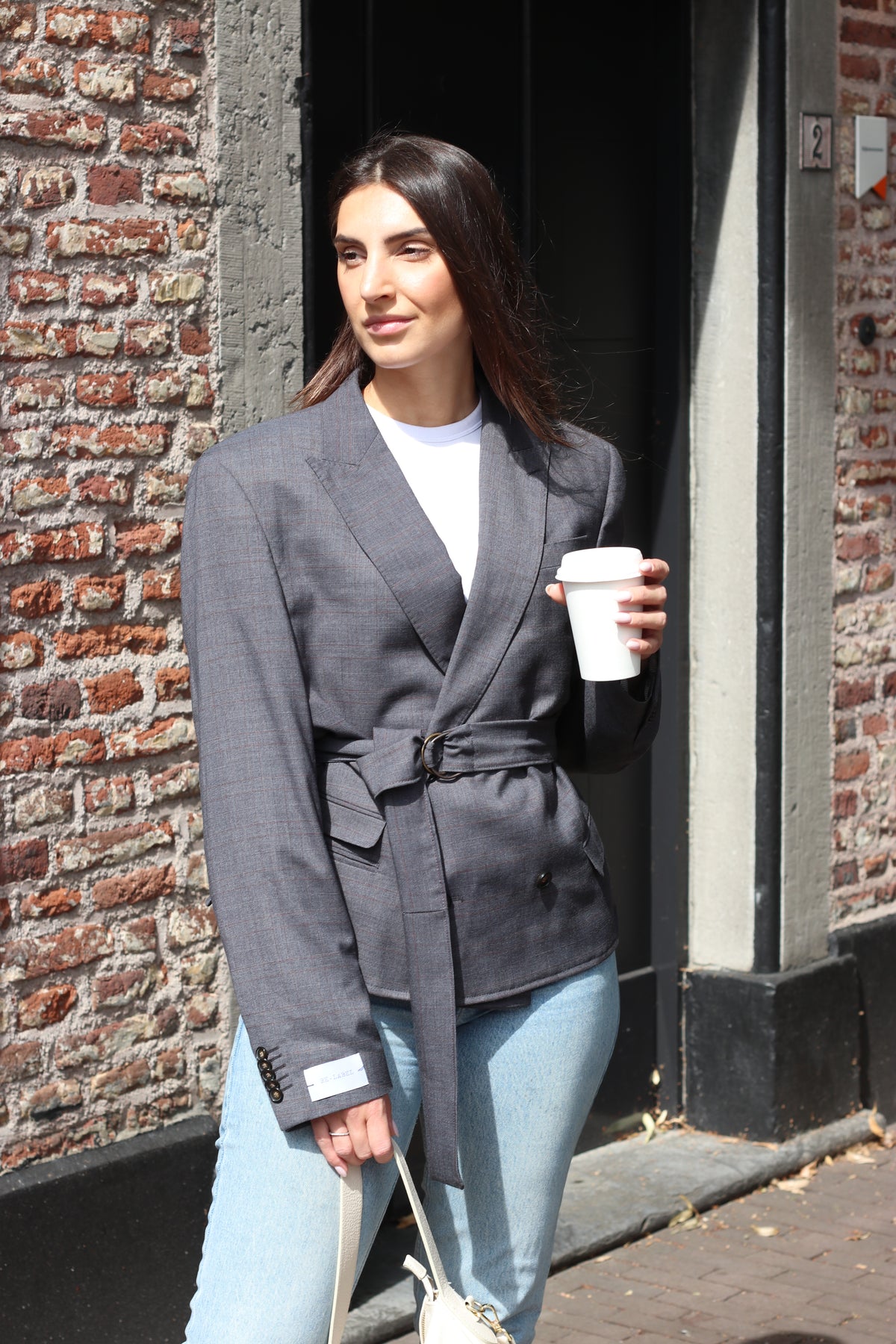 Belted grey checkered blazer