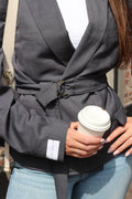 Belted grey checkered blazer