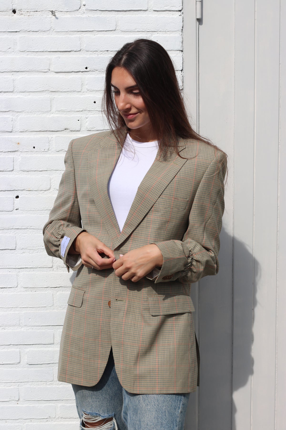 Beige/ green blazer in houndstooth