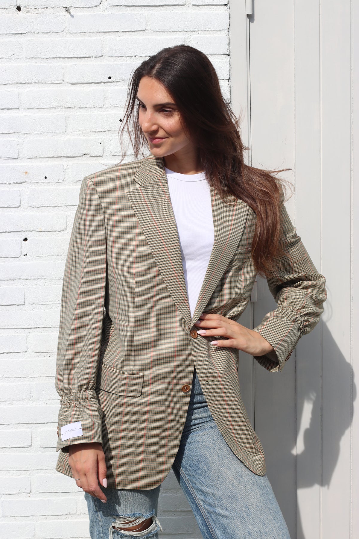 Beige/ green blazer in houndstooth