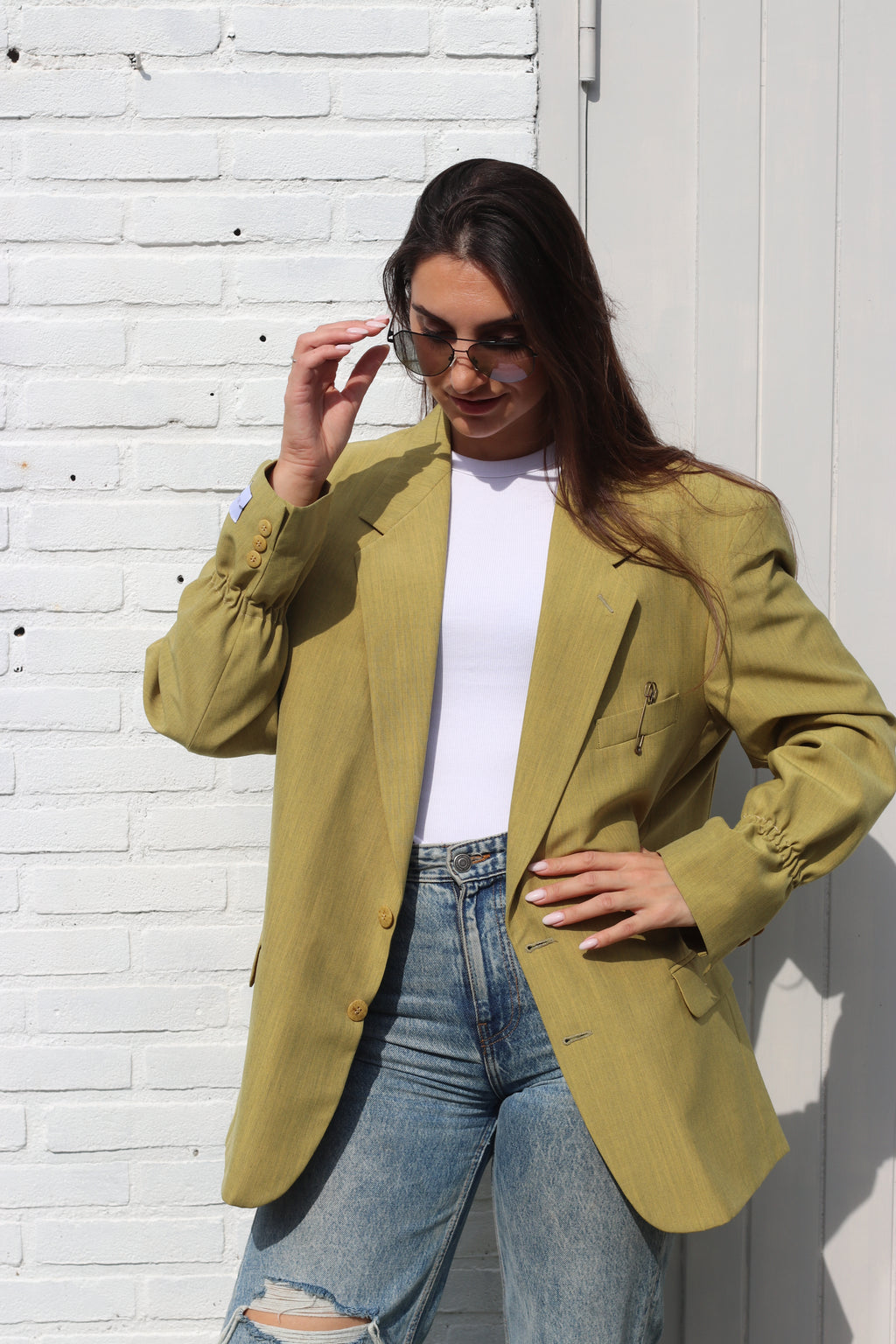 Green yellow blazer with elastic sleeves