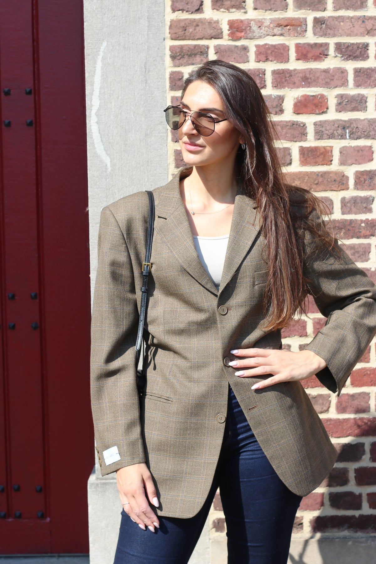 Brown checkered blazer adjustable waist