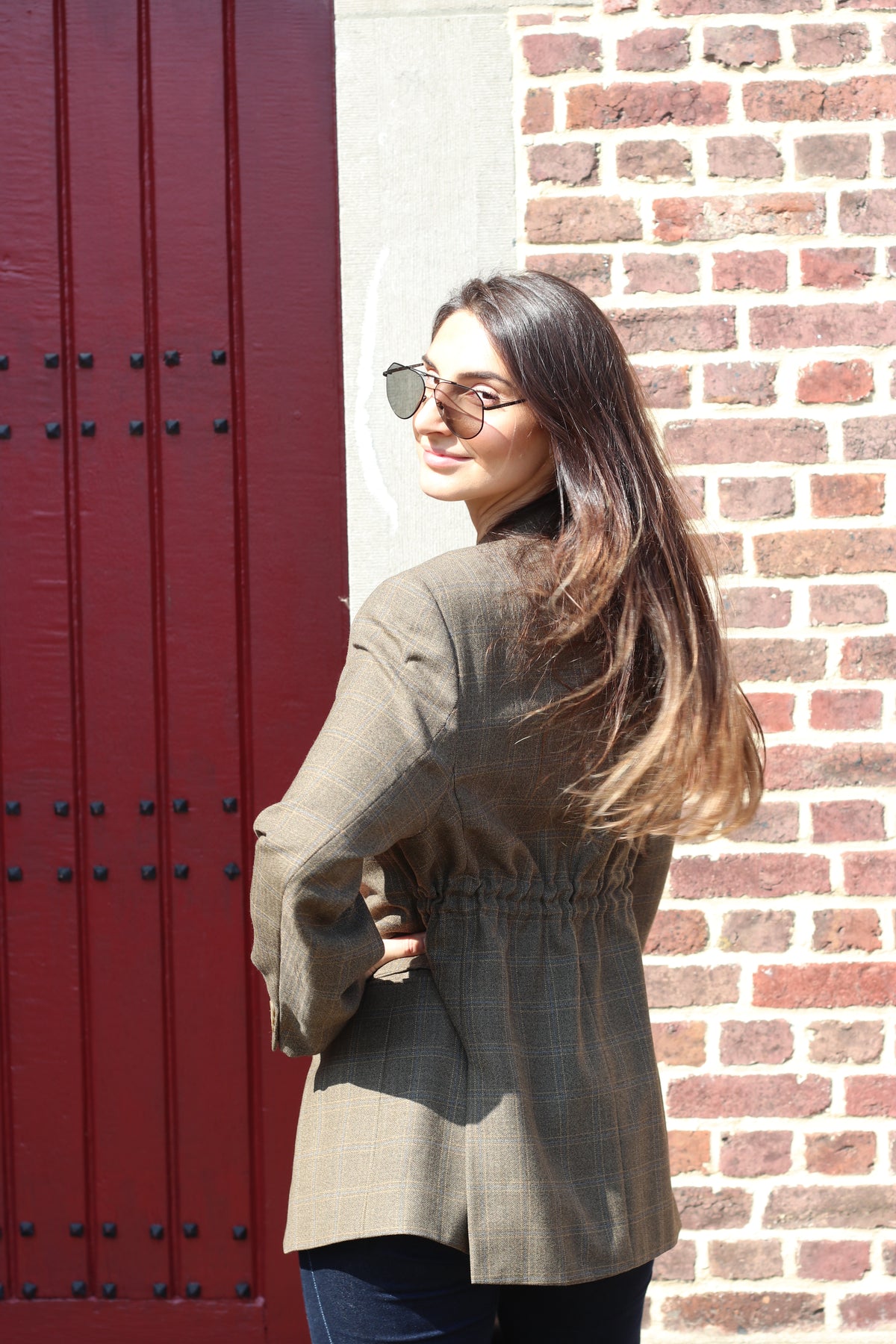 Brown checkered blazer adjustable waist
