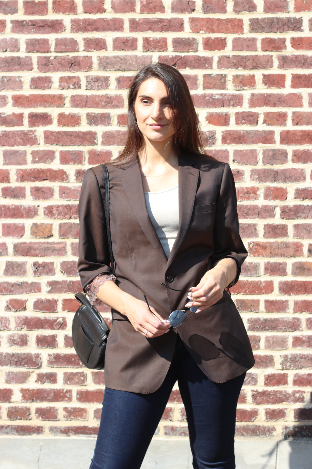 Brown blazer with lace detail