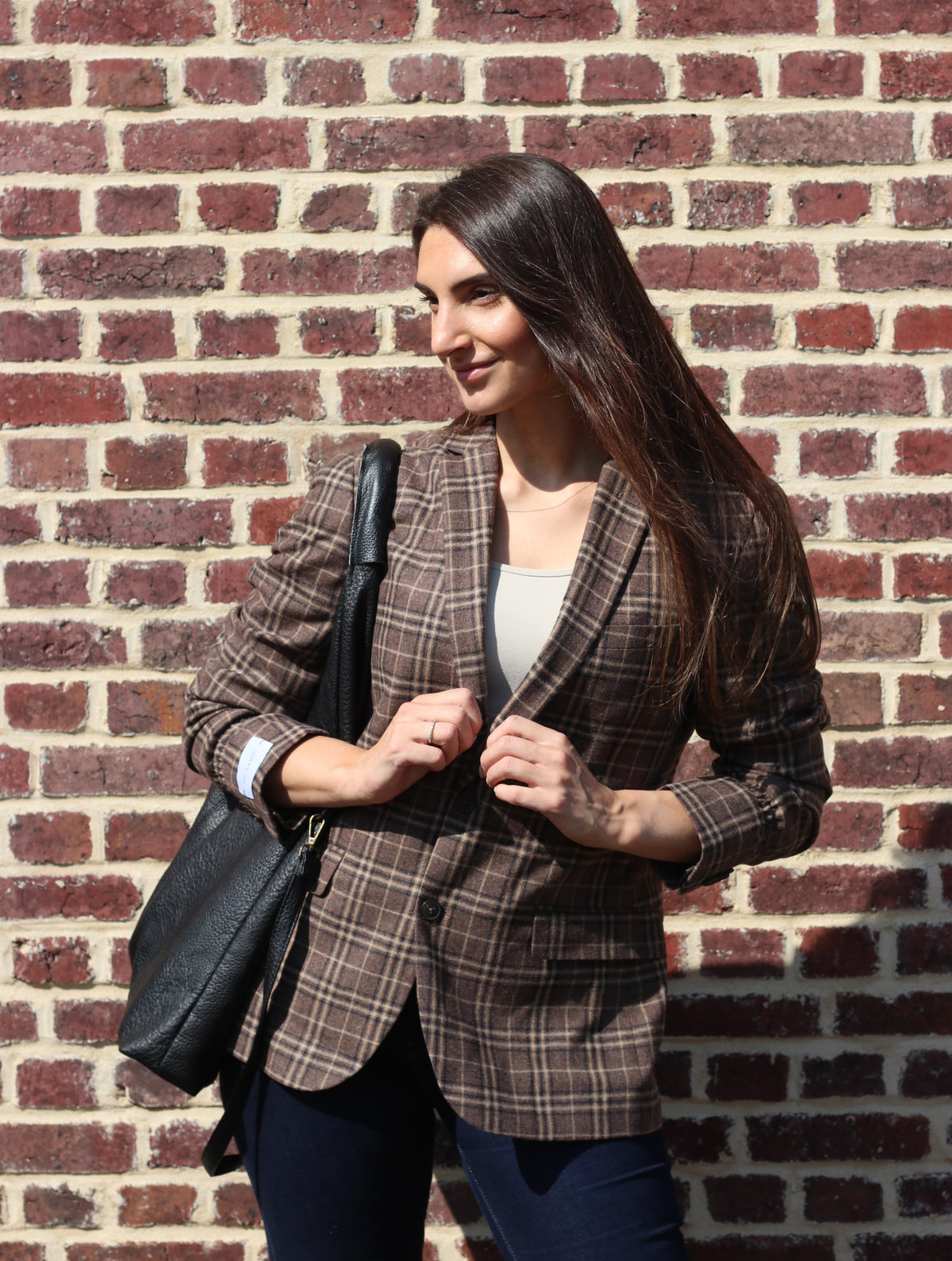 Brown checkered blazer elastic sleeves