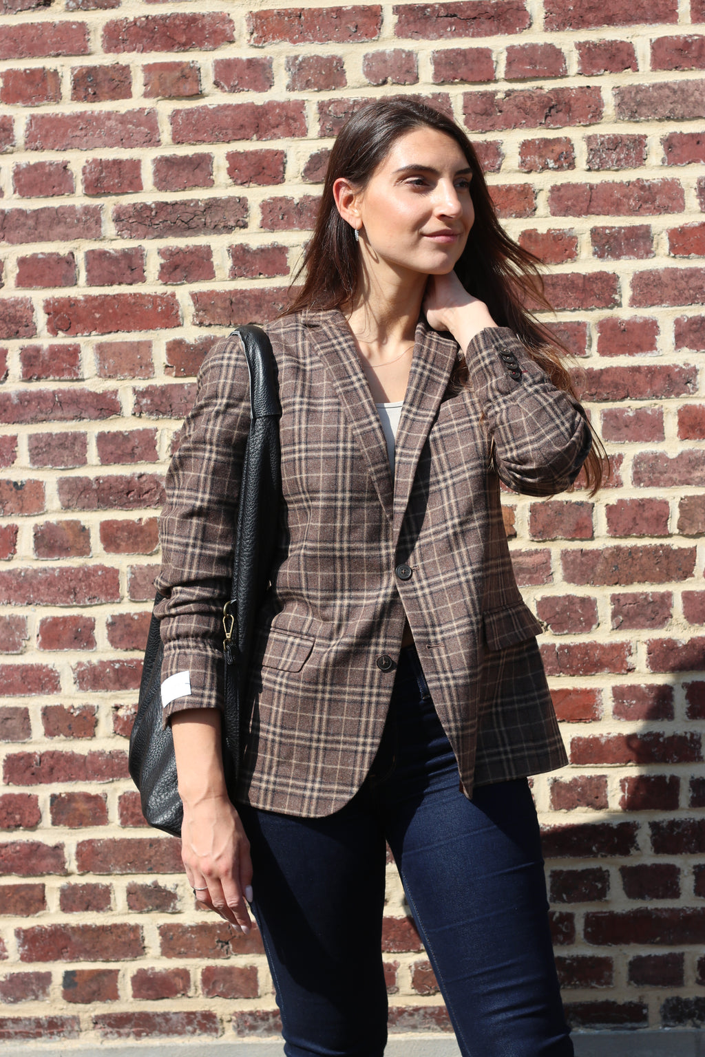 Brown checkered blazer elastic sleeves