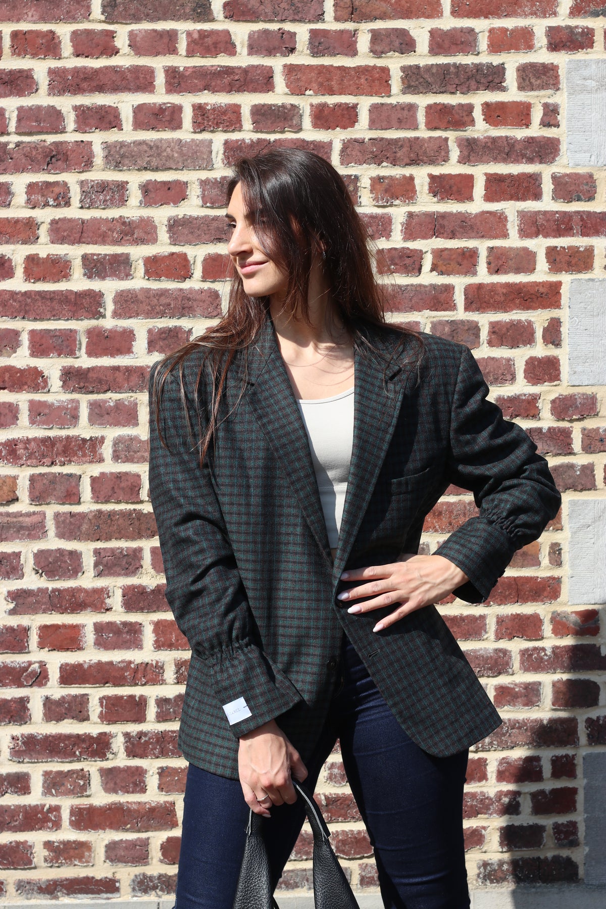 Green/black checkered blazer with elastic sleeves
