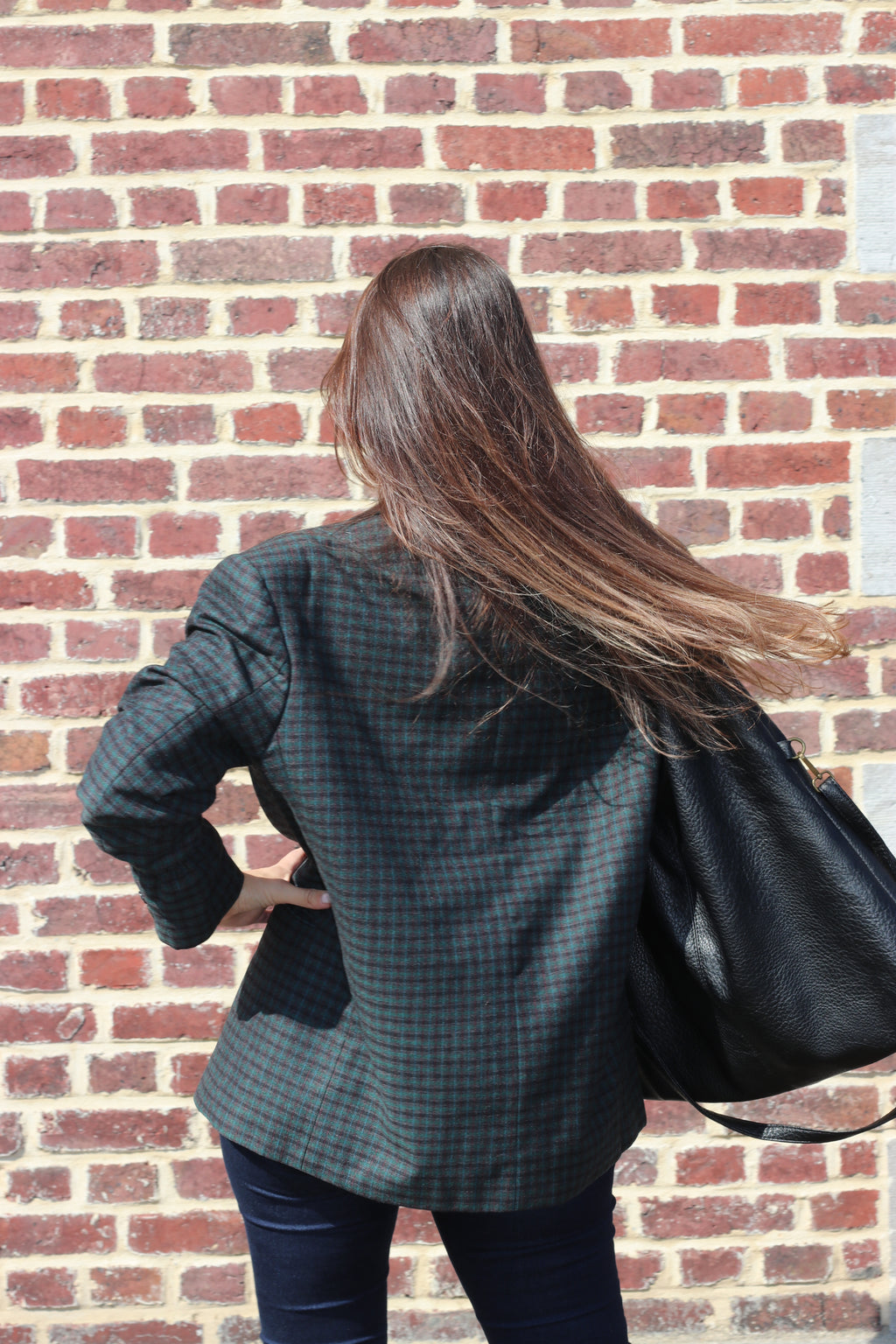 Green/black checkered blazer with elastic sleeves
