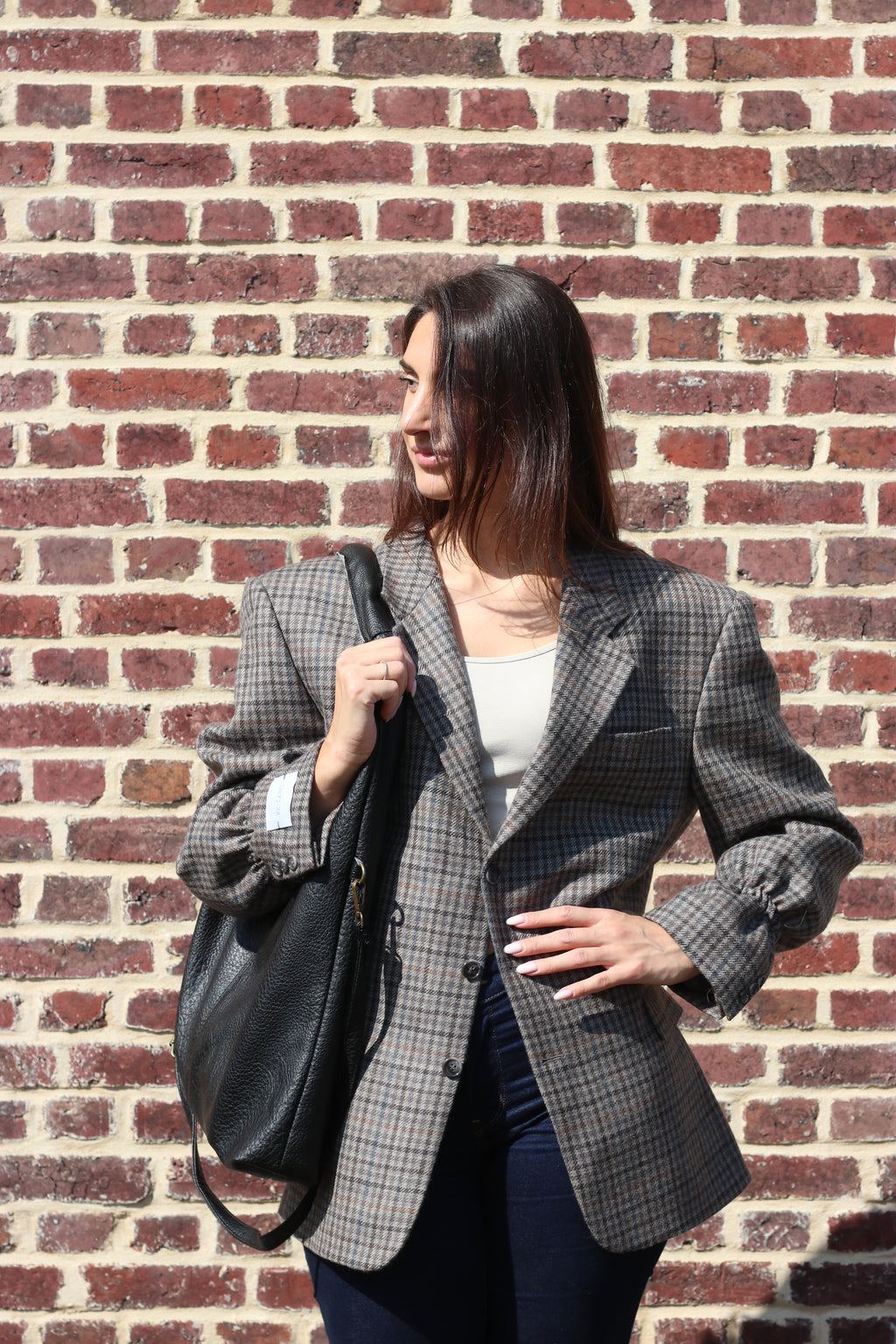 Brown/grey checkered blazer with elastic sleeves