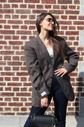 Brown checkered blazer with adjustable waist