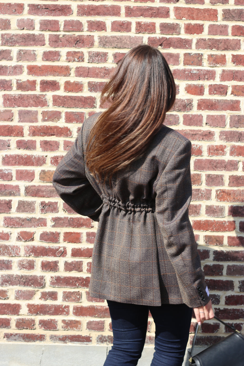 Brown checkered blazer with adjustable waist