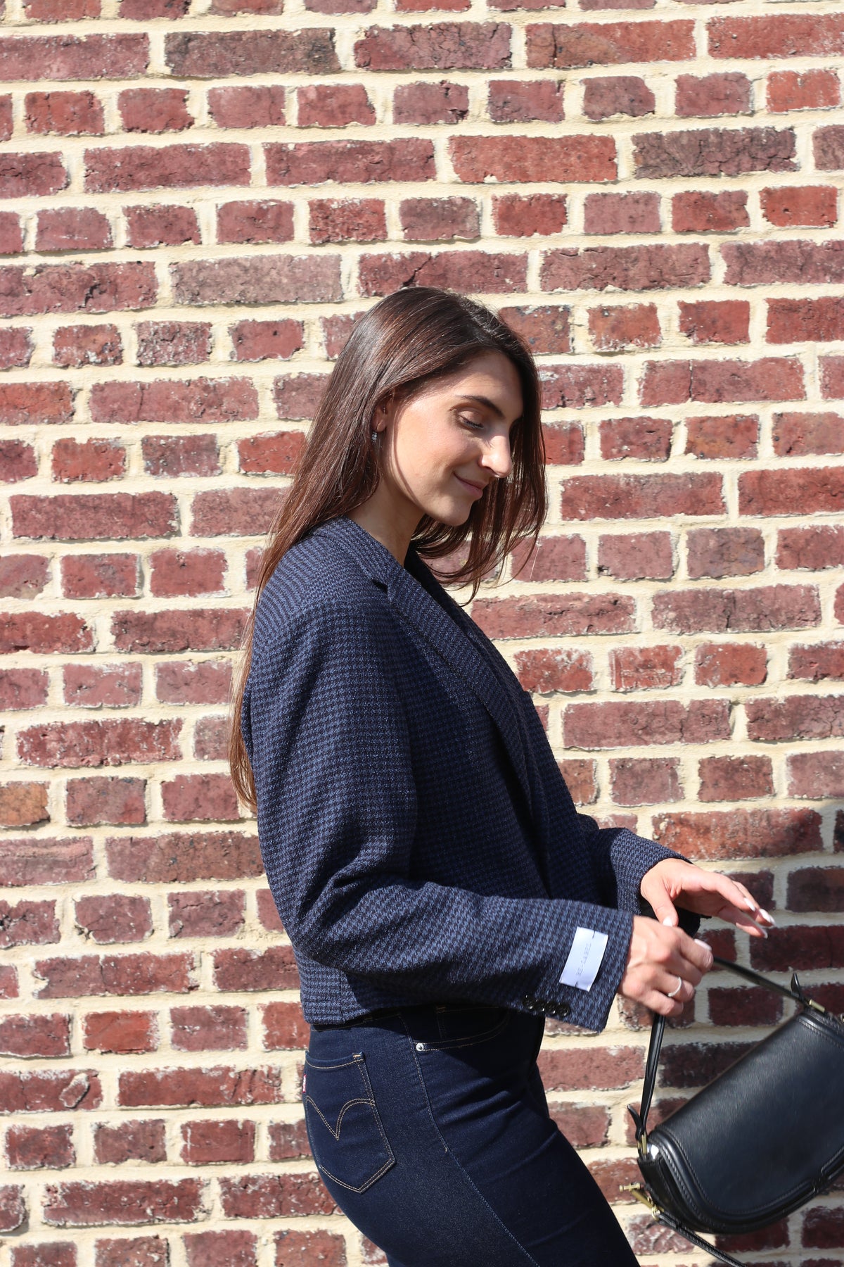 Cropped blue houndstooth blazer