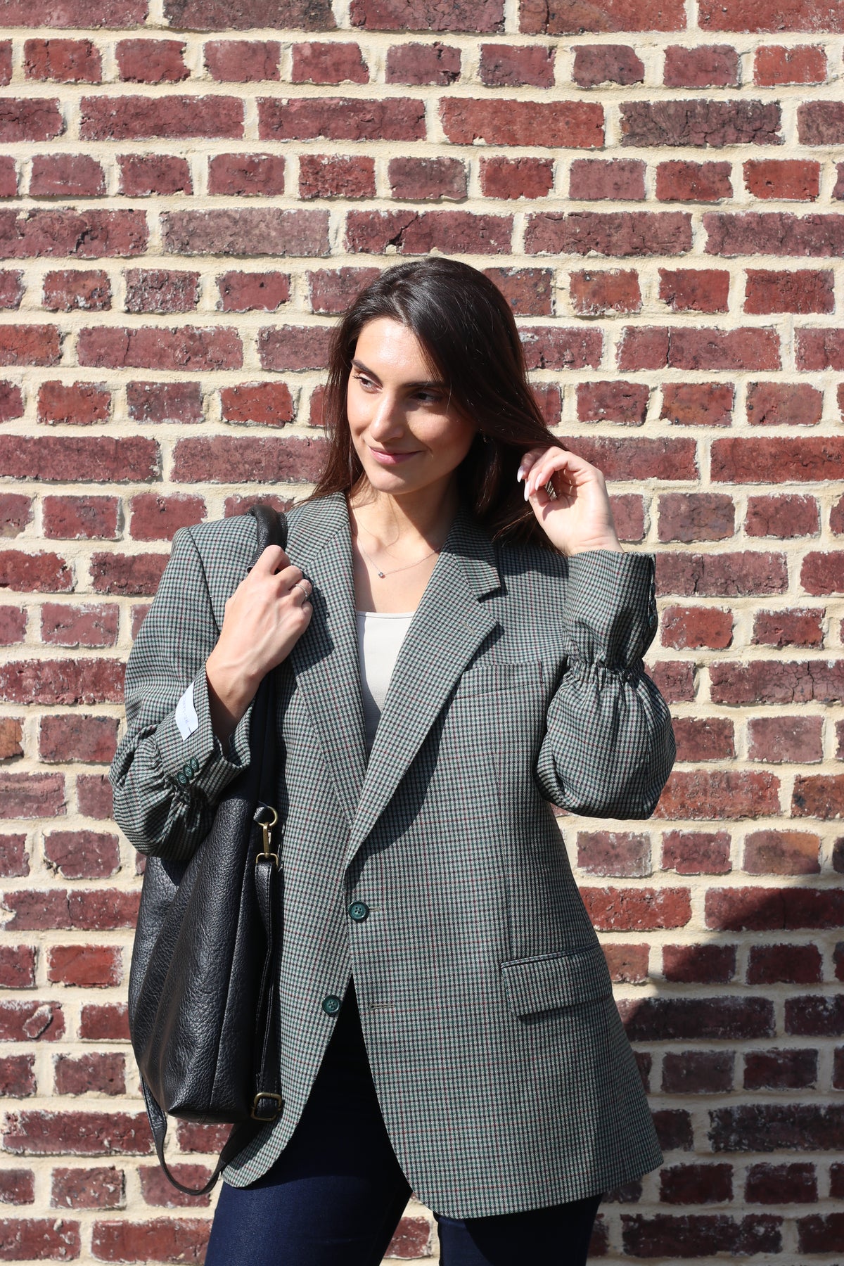 Green hounstooth blazer with elastic sleeves