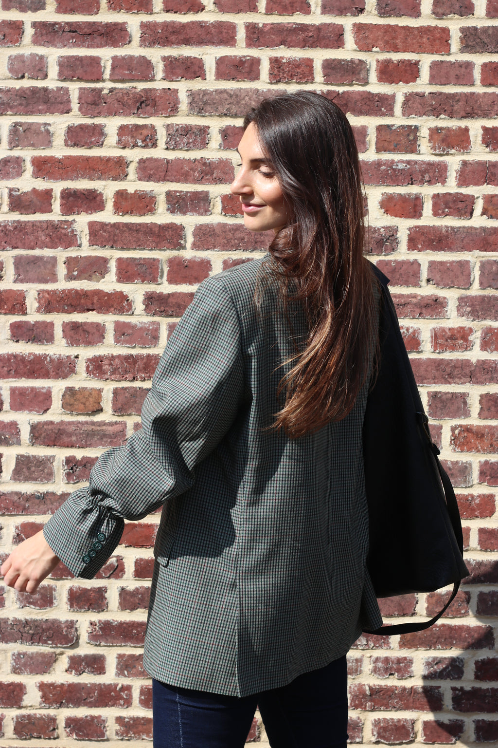 Green hounstooth blazer with elastic sleeves