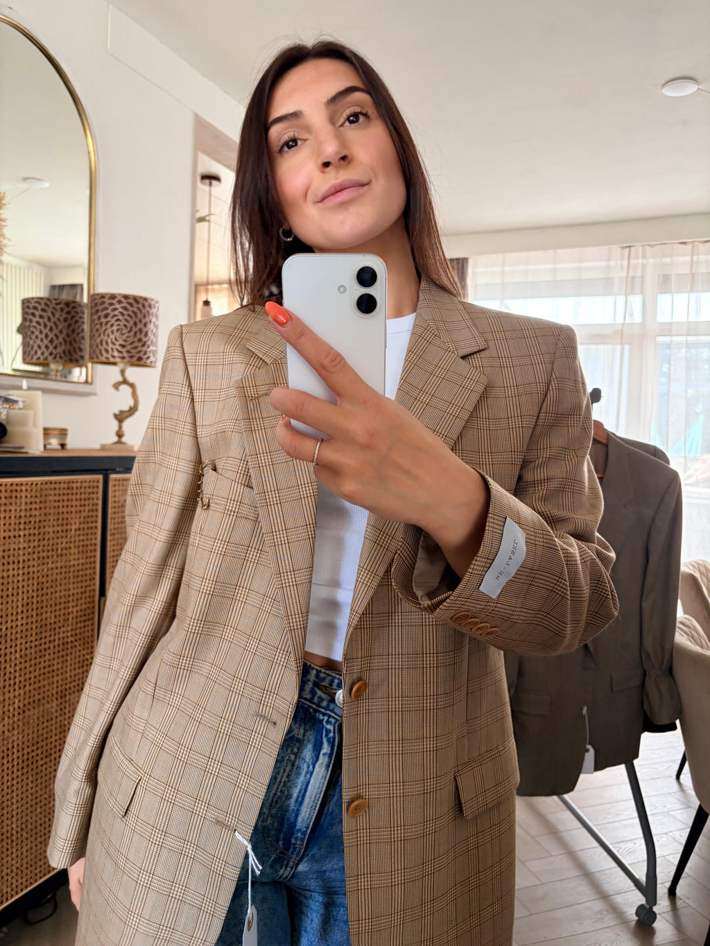Yellow checkered longline blazer
