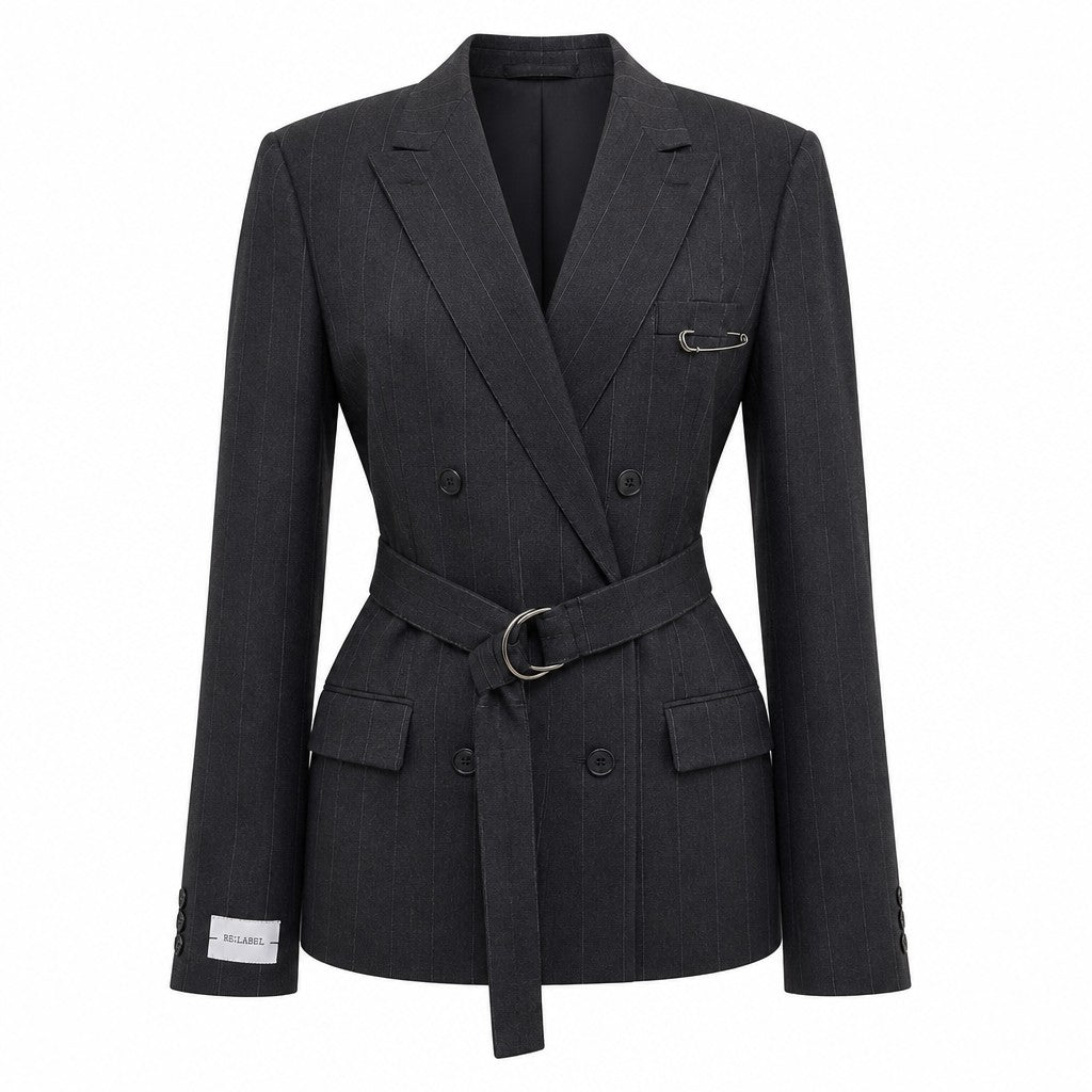 Black pinstripe belted blazer