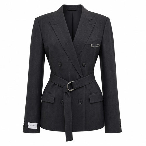 Black pinstripe belted blazer
