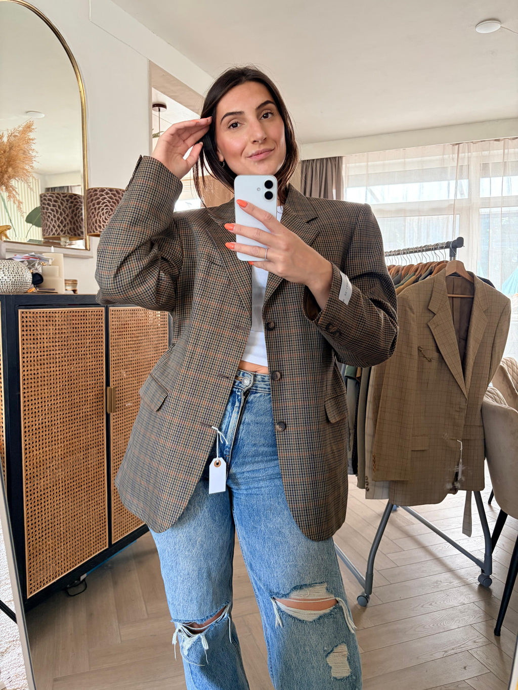 Brown checkered blazer adjustable waist