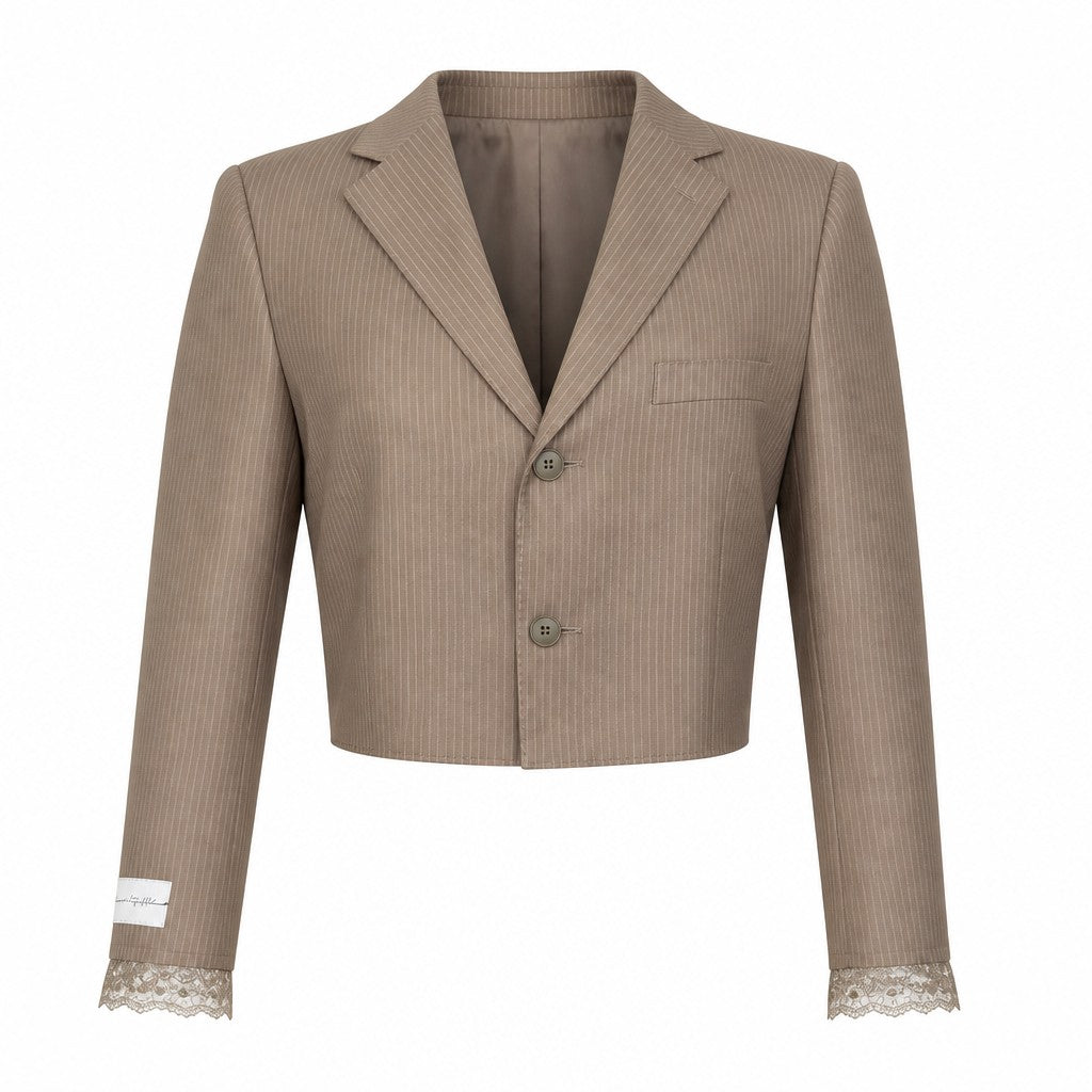 Cropped beige pinstripe blazer with lace