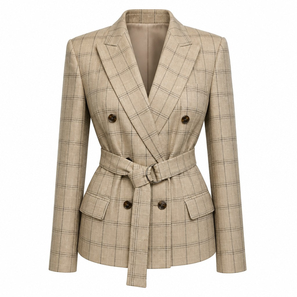 Cream checkered belted blazer