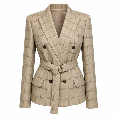 Cream checkered belted blazer