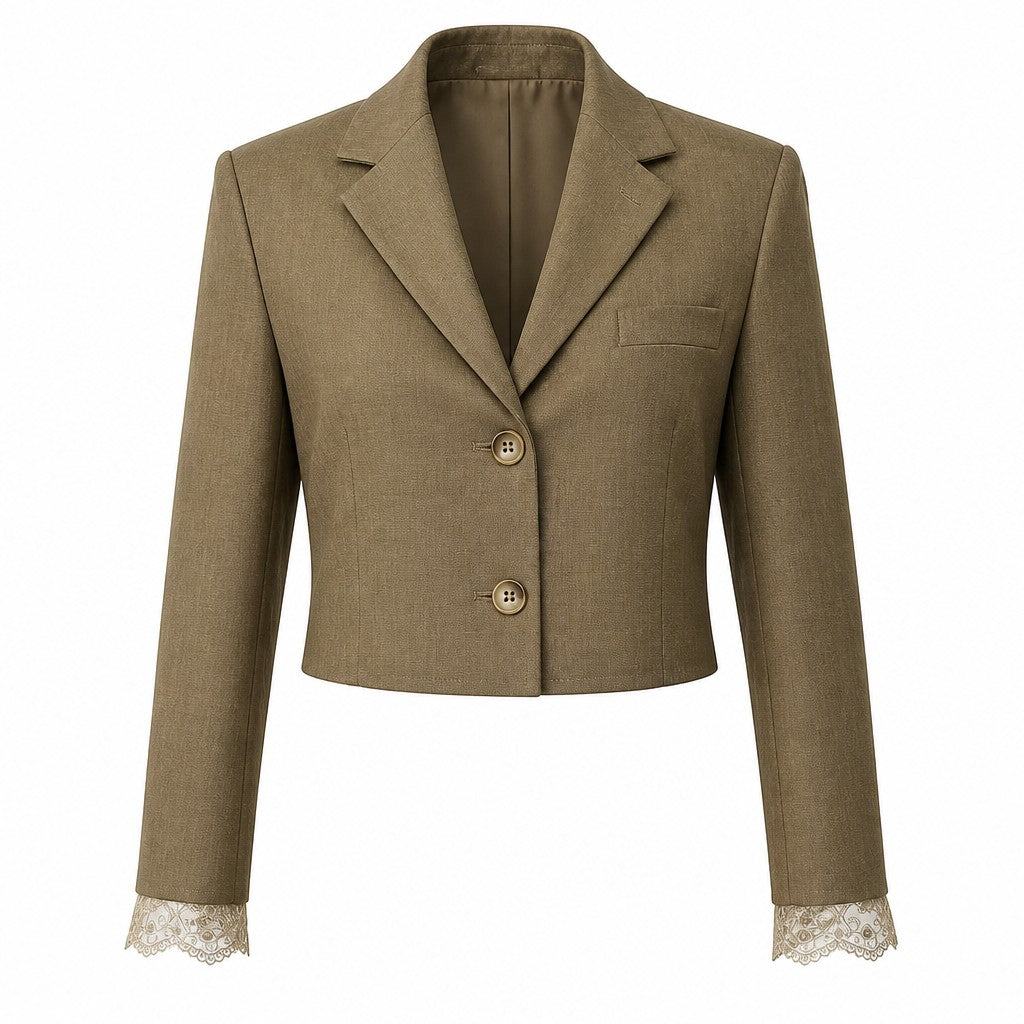 Cropped brown blazer with lace detail
