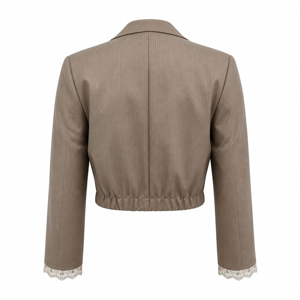 Cropped beige pinstripe blazer with lace