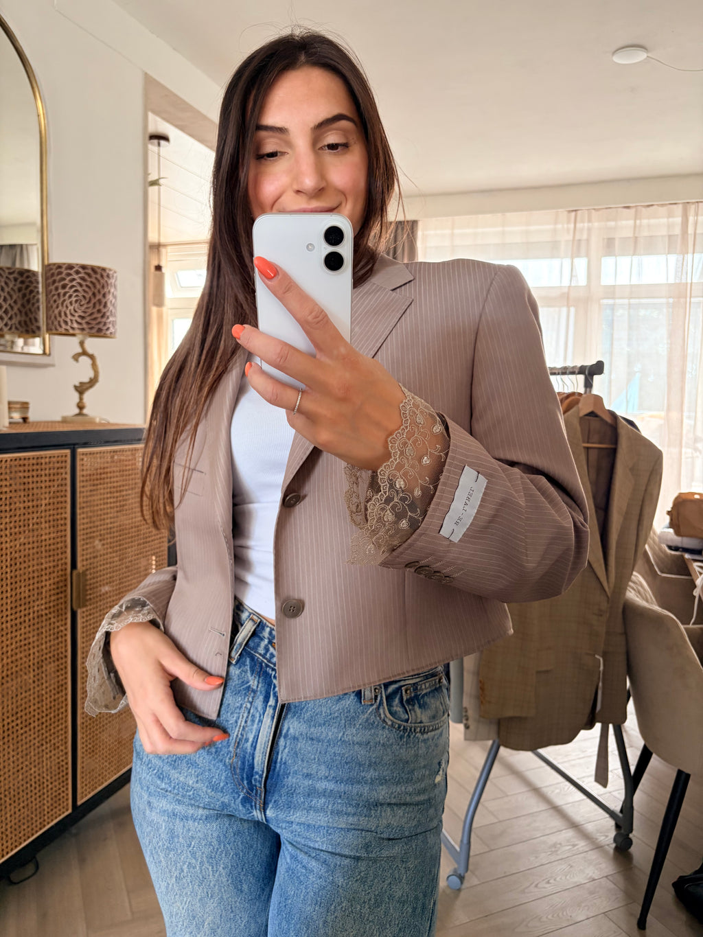 Cropped beige pinstripe blazer with lace