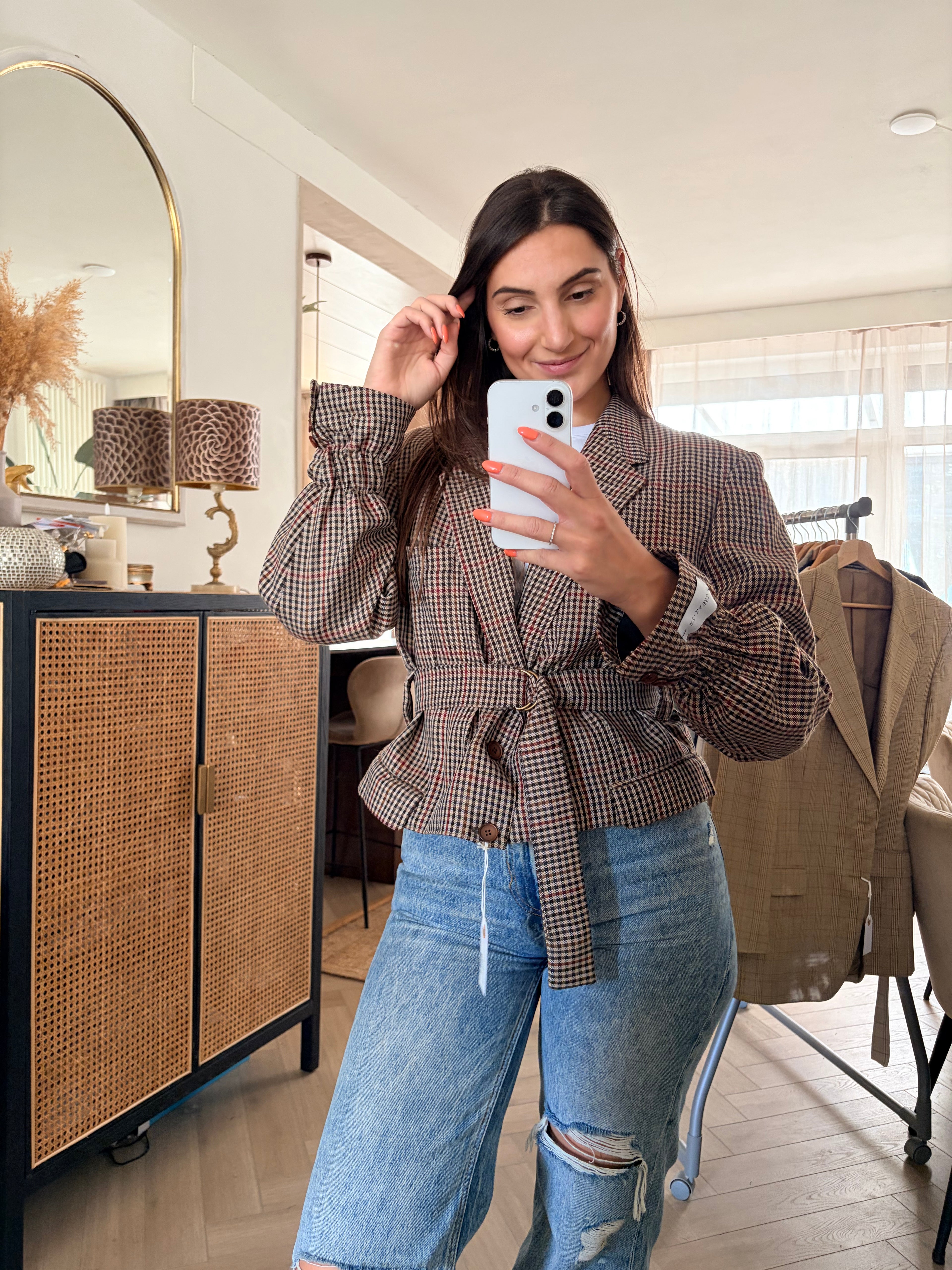 Belted checkered blazer