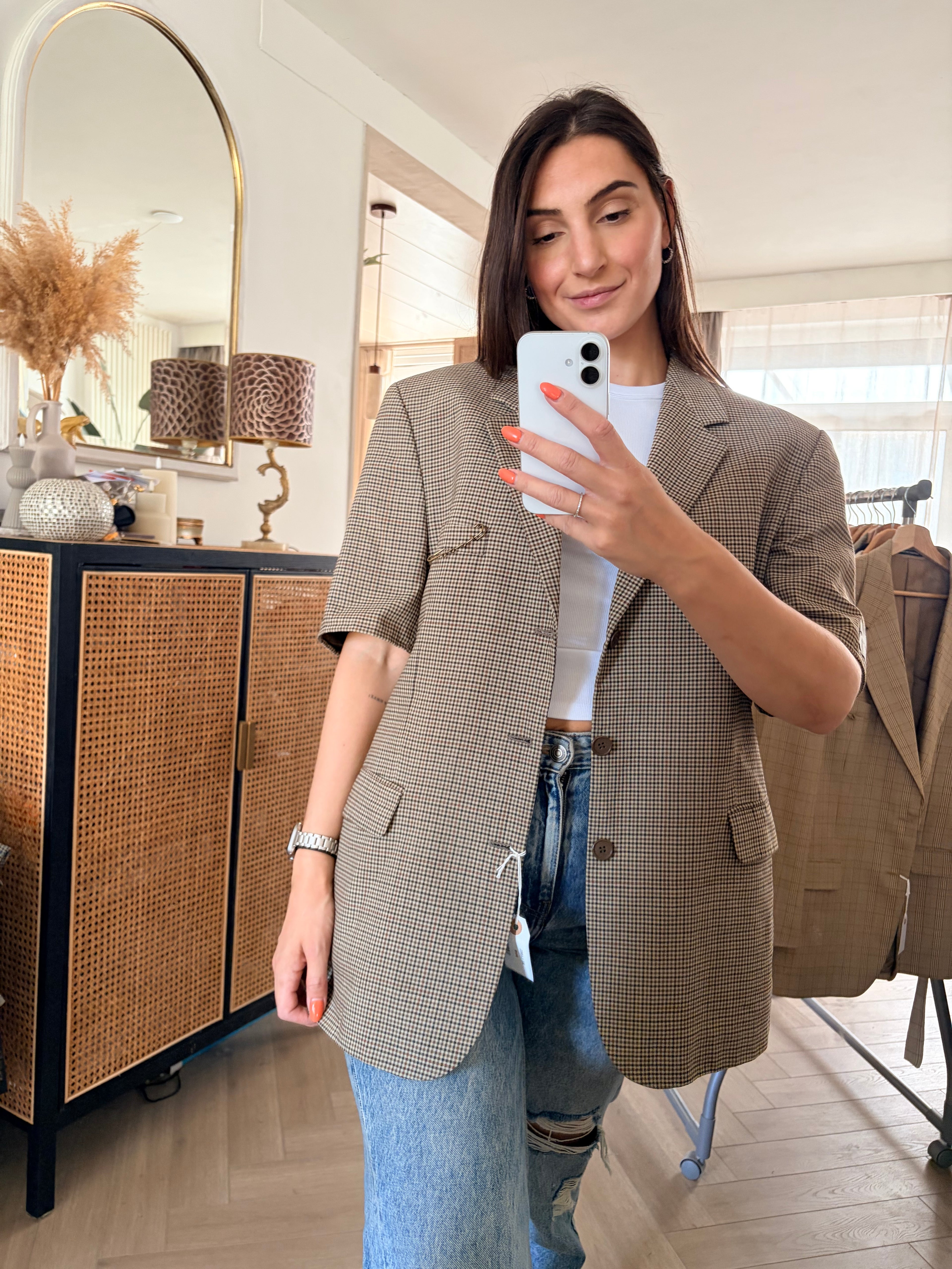 Straight fit short sleeves blazer in houndstooth