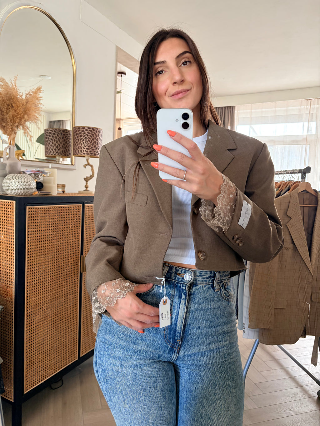 Cropped brown blazer with lace detail