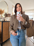 Cropped brown blazer with lace detail