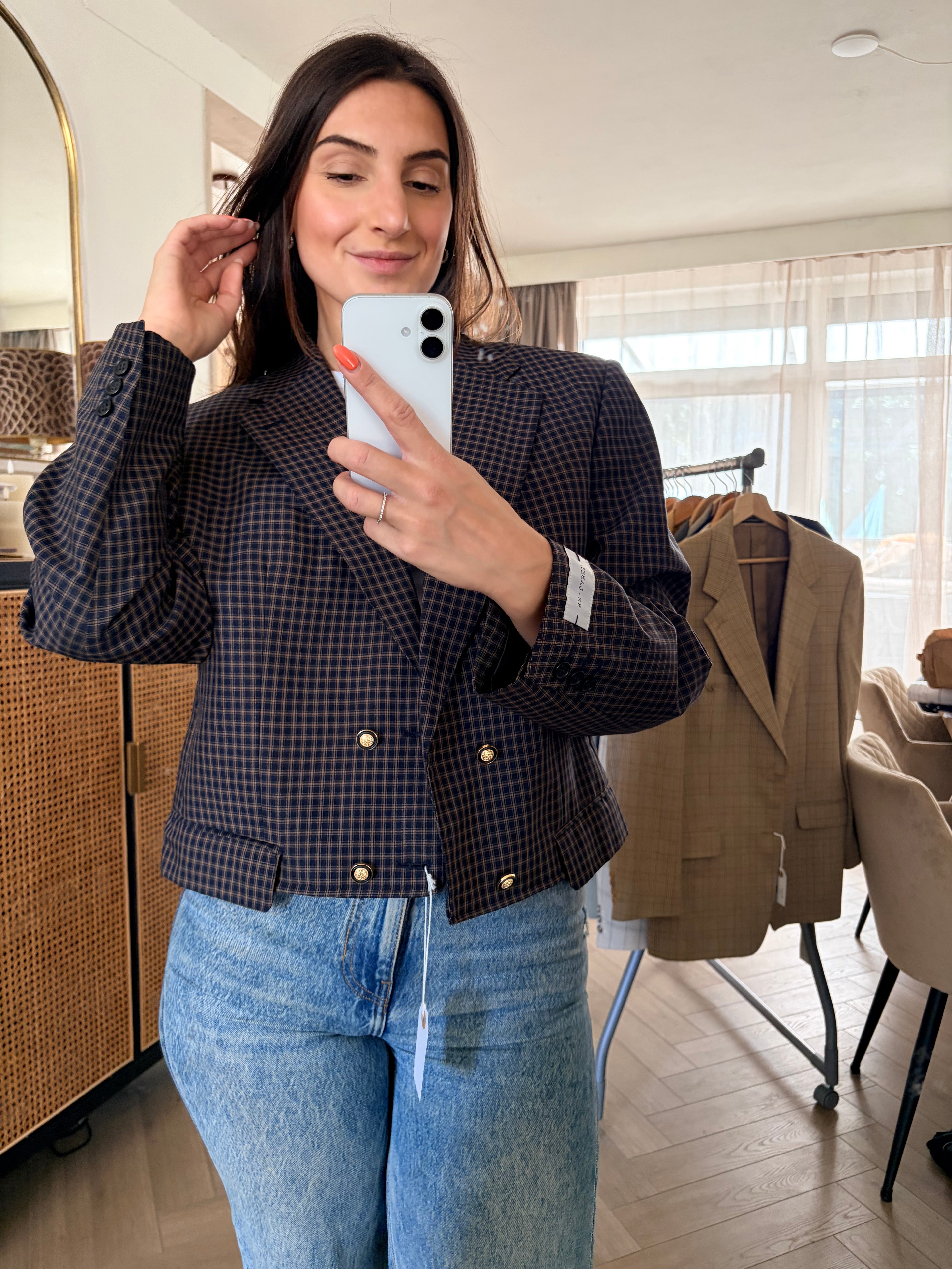 Cropped blue checkered blazer