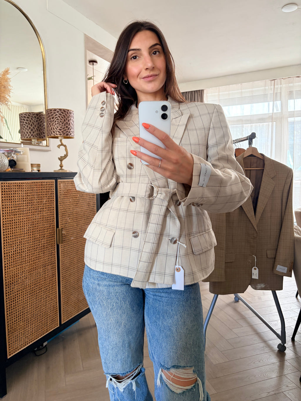 Cream checkered belted blazer