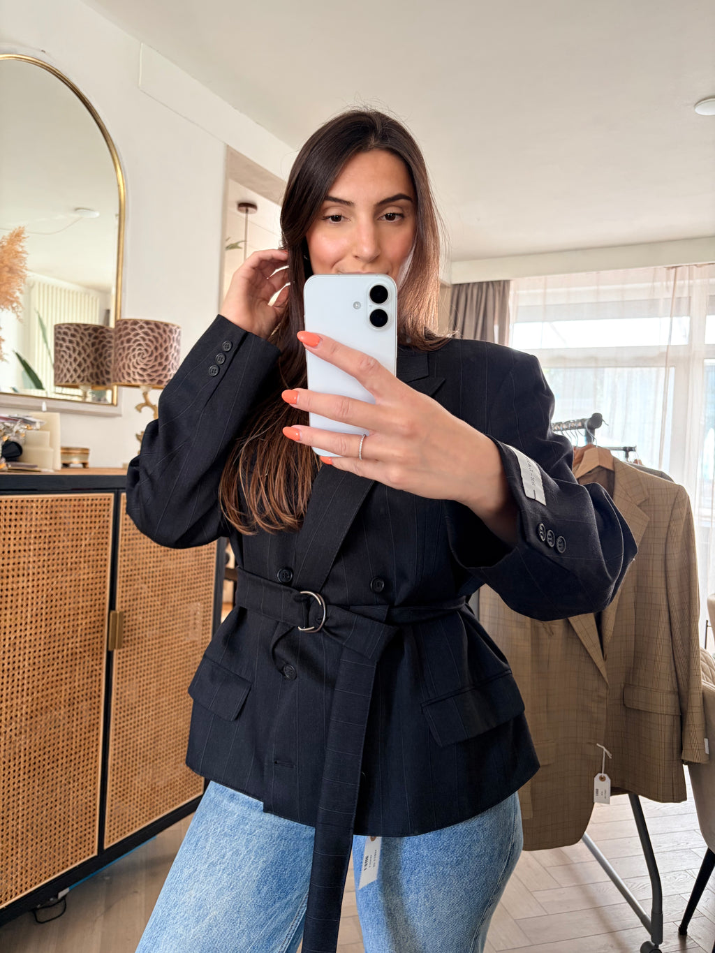 Black pinstripe belted blazer